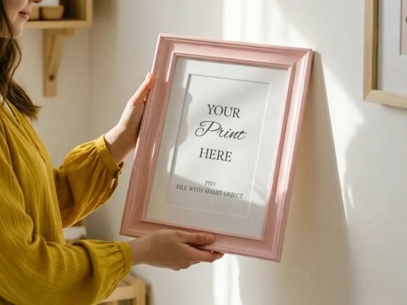 Download Vertical Pink Frame Mockup Held by Hand - By hand Collection